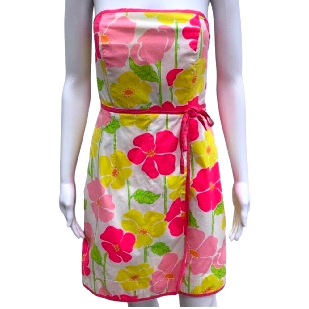 Lilly Pulitzer Womens VTG‎ Pink Yellow Floral Strapless Wrap Cotton Dress Sz6 - Picture 1 of 7